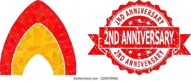 Low-Poly triangulated fire flame 2d illustration, and 2Nd Anniversary unclean seal imitation. Red seal has 2Nd Anniversary text inside ribbon. Vector fire flame icon is filled with triangles.