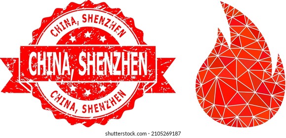 Low-Poly triangulated fire icon illustration, and China, Shenzhen dirty stamp seal. Red stamp seal includes China, Shenzhen tag inside ribbon. Vector fire icon is filled with triangles.
