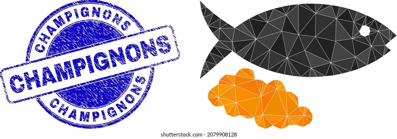 Low-Poly triangulated fish caviar 2d illustration with Champignons grunge watermark. Blue stamp seal includes Champignons caption inside round form. Fish caviar icon is filled with triangles.