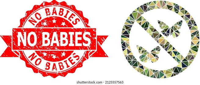 Low-Poly triangulated forbidden butterflies military camouflage symbol illustration, and No Babies dirty stamp. Red stamp seal has No Babies caption inside ribbon.