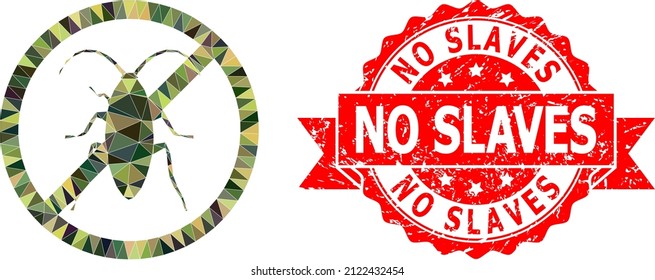Low-Poly triangulated forbidden cockroach military camouflage 2d illustration, and No Slaves corroded stamp seal. Red stamp has No Slaves text inside ribbon.