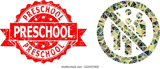 Low-Poly triangulated forbidden crowd military camouflage symbol illustration, and Preschool scratched seal print. Red seal has Preschool title inside ribbon.