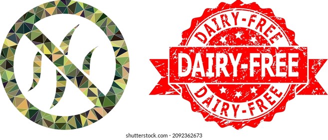 Low-Poly triangulated forbidden flavors military camouflage icon illustration, and Dairy-Free scratched stamp seal. Red stamp seal includes Dairy-Free title inside ribbon.