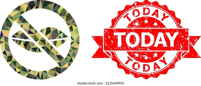 Low-Poly triangulated forbidden kiss military camouflage symbol illustration, and Today unclean seal imitation. Red stamp seal has Today caption inside ribbon.