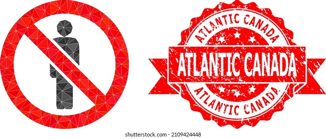 Low-Poly trianguló la ilustración de ícono de hombre prohibido, y Atlantic Canada corroyó el sello. El sello rojo contiene texto de Atlantic Canada dentro de la cinta. El icono vector de hombre prohibido está lleno de triángulos.