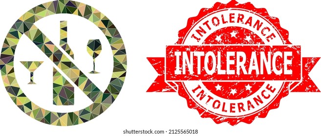 Lowpoly triangulated forbidden wine drinks military camouflage icon illustration, and Intolerance unclean stamp. Red seal contains Intolerance caption inside ribbon.