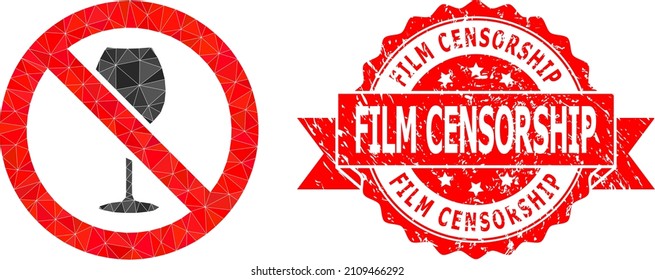 Low-Poly triangulated forbidden wine symbol illustration, and Film Censorship dirty stamp seal. Red stamp seal has Film Censorship text inside ribbon.