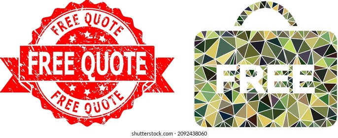 Low-Poly Triangulated Free Case Military Camouflage Icon Illustration, And Free Quote Dirty Watermark. Red Stamp Seal Contains Free Quote Caption Inside Ribbon.