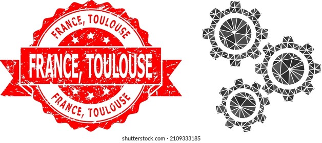 Low-Poly triangulated gears icon illustration, and France, Toulouse unclean seal imitation. Red stamp seal has France, Toulouse title inside ribbon. Vector gears icon filled with triangle mosaic.