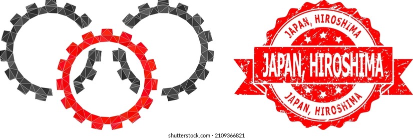 Lowpoly triangulated gears symbol illustration, and Japan, Hiroshima unclean seal imitation. Red stamp seal has Japan, Hiroshima caption inside ribbon. Vector gears icon is filled with triangles.