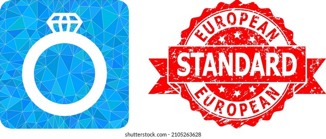 Low-Poly-Triangulated Edelsteinring Ikone Illustration und European Standard schmutzige Robbenimitierung. Rotes Siegel hat europäischen Standard Titel in Band. Das Ringsymbol von Vektorjugendring ist mit Dreiecken gefüllt.