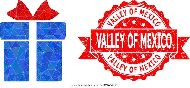 Low-Poly triangulated gift 2d illustration, and Valley of Mexico unclean stamp seal. Red stamp seal includes Valley of Mexico caption inside ribbon. Vector gift icon is filled using triangles.