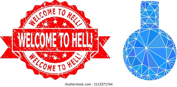 Low-Poly triangulated glass flask icon illustration, and Welcome to Hell unclean watermark. Red seal has Welcome to Hell title inside ribbon. Vector glass flask icon is filled with triangles.