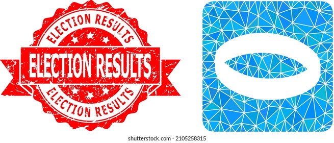 Ilustración 2d del anillo de oro triangulado de bajo polo y sello de timbre de los resultados electorales. El sello rojo tiene la leyenda de los resultados electorales dentro de la cinta. El icono del anillo de oro vectorial está lleno de triángulos.
