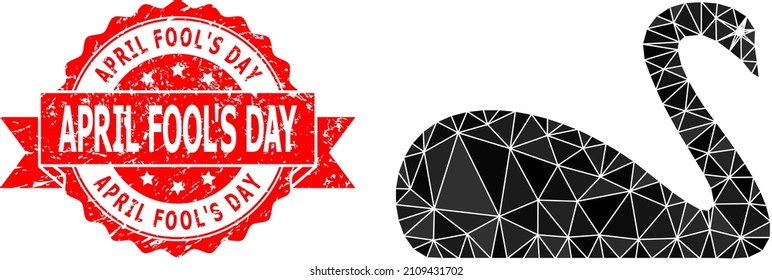 Low-Poly triangulated goose symbol illustration, and April Fool'S Day unclean stamp seal. Red stamp seal contains April Fool'S Day caption inside ribbon.