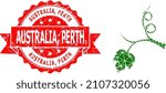Lowpoly triangulated grape sprout icon illustration, and Australia, Perth rubber seal print. Red seal contains Australia, Perth title inside ribbon.