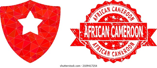 Low-Poly triangulated guard shield symbol illustration, and African Cameroon rubber seal. Red stamp seal contains African Cameroon title inside ribbon.