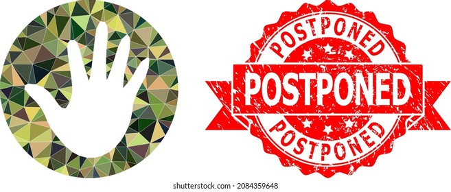 Lowpoly triangulated hand circle military camouflage icon illustration, and Postponed dirty stamp. Red stamp has Postponed caption inside ribbon. Vector hand circle icon filled with camo triangles.