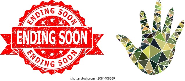 Low-Poly triangulated hand military camouflage icon illustration, and Ending Soon dirty stamp seal. Red stamp contains Ending Soon tag inside ribbon.
