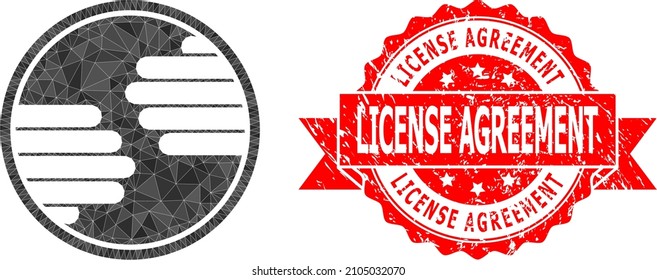 Low-Poly triangulated hands circle 2d illustration, and License Agreement scratched stamp seal. Red stamp seal contains License Agreement text inside ribbon.