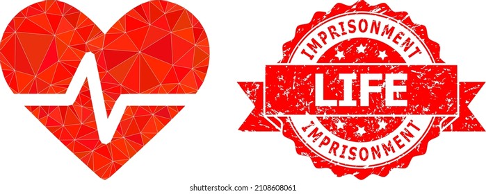 Low-Poly-Triangulated Herz-Ikone-Illustration, und Inhaftierung Life beschädigt Stempel. Rote Briefmarke hat Inhaftierungstext Leben in Band. Das Herzimpuls-Symbol des Vektors ist mit einem Dreieck-Mosaik gefüllt.
