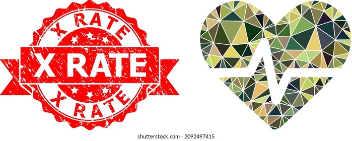 Low-Poly triangulated heart pulse military camouflage icon illustration, and X Rate scratched stamp. Red stamp seal contains X Rate title inside ribbon.