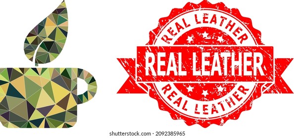 Low-Poly triangulated herbal tea military camouflage icon illustration, and Real Leather unclean seal imitation. Red seal contains Real Leather tag inside ribbon.