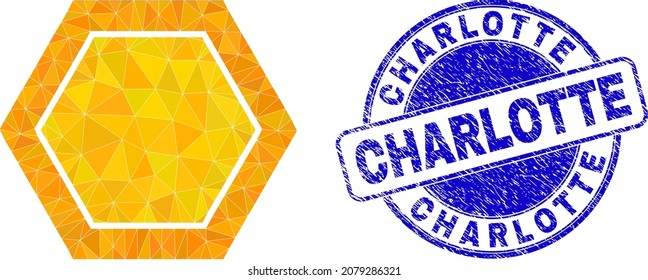 Low-Poly triangulated honeycomb cell icon illustration with Charlotte dirty seal print. Blue stamp seal contains Charlotte tag inside round form. Honeycomb cell icon is filled with triangles.