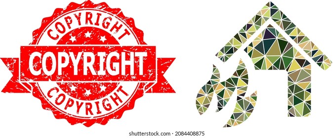 Low-Poly triangulated house fire disaster military camouflage icon illustration, and Copyright grunge stamp seal. Red stamp seal has Copyright tag inside ribbon.