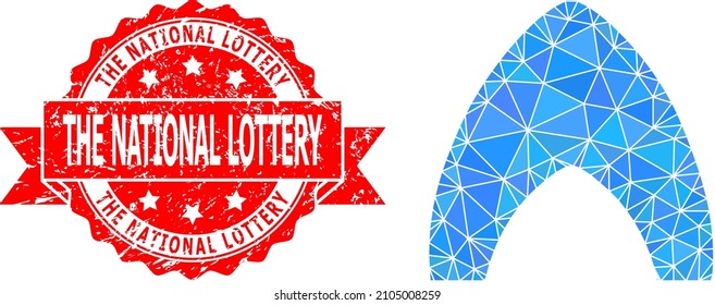 Low-Poly triangulated igloo home icon illustration, and The National Lottery grunge stamp. Red seal has The National Lottery caption inside ribbon. Vector igloo home icon is filled with triangles.