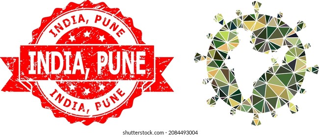 Lowpoly triangulated Indian coronavirus military camouflage 2d illustration, and India, Pune grunge stamp seal. Red stamp seal includes India, Pune caption inside ribbon.