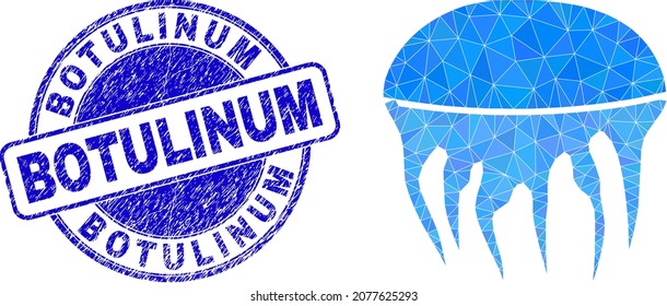 Low-Poly triangulated jelly fish 2d illustration, and Botulinum unclean watermark. Blue seal has Botulinum caption inside round form. Jelly fish icon is filled with triangles.