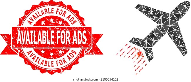 Low-Poly Triangulated Jet Liner Icon Illustration, And Available For Ads Corroded Stamp. Red Stamp Seal Includes Available For Ads Title Inside Ribbon. Vector Jet Liner Icon Filled Using Triangles.