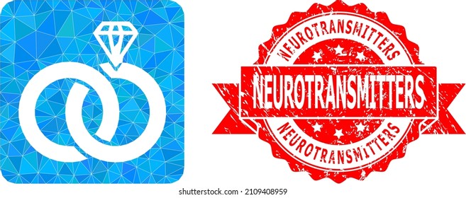 Low-Poly triangulated jewelry wedding rings 2d illustration, and Neurotransmitters textured watermark. Red stamp has Neurotransmitters title inside ribbon.