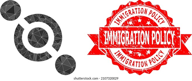 Lowpoly triangulated joint connector symbol illustration, and Immigration Policy scratched stamp seal. Red stamp seal contains Immigration Policy caption inside ribbon.
