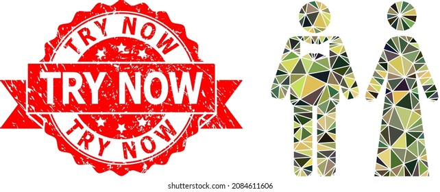 Low-Poly triangulated just married persons military camouflage symbol illustration, and Try Now corroded stamp seal. Red stamp includes Try Now tag inside ribbon.