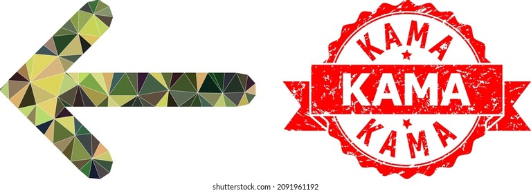 Low-Poly triangulated left arrow military camouflage symbol illustration, and Kama unclean stamp seal. Red seal contains Kama tag inside ribbon. Vector left arrow icon is filled using camo triangles.