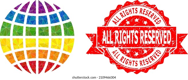 Low-Poly triangulated LGBT globe icon illustration, and All Rights Reserved textured stamp. Red seal contains All Rights Reserved tag inside ribbon. Vector LGBT globe icon is filled with triangles.