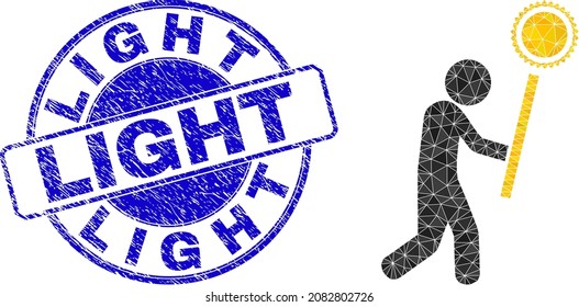 Low-Poly triangulated light wizard man symbol illustration with Light textured stamp. Blue stamp has Light text inside round form. Light wizard man icon filled with triangle mosaic.