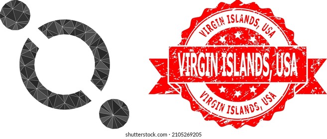 Low-Poly triangulated link icon illustration, and Virgin Islands, USA unclean stamp seal. Red stamp contains Virgin Islands, USA tag inside ribbon. Vector link icon is filled using triangle mosaic.