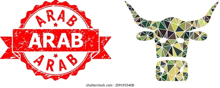 Lowpoly triangulated livestock head military camouflage icon illustration, and Arab corroded seal imitation. Red seal includes Arab tag inside ribbon.