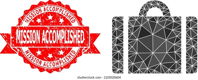 Lowpoly triangulated luggage icon illustration, and Mission Accomplished corroded seal. Red stamp has Mission Accomplished caption inside ribbon. Vector luggage icon is filled with triangles.