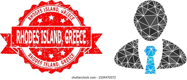 Lowpoly triangulated manager 2d illustration, and Rhodes Island, Greece corroded stamp seal. Red seal contains Rhodes Island, Greece title inside ribbon. Vector manager icon filled with triangles.