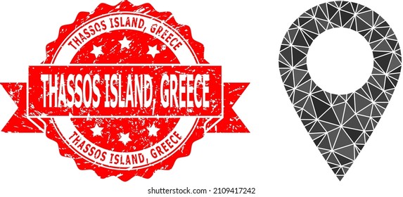 Low-Poly-Triangulated Karte Marker 2d Illustration, und Thassos Island, Griechenland Gummi-Siegel. Rotes Siegel hat Thassos Island, Griechenland Tag in Band. Das Markierungssymbol der Vektorkarte ist mit Dreiecken gefüllt.
