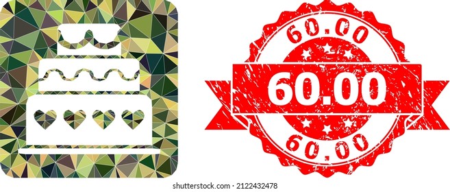 Low-Poly triangulated marriage cake military camouflage icon illustration, and 60.00 scratched seal. Red seal contains 60.00 caption inside ribbon.
