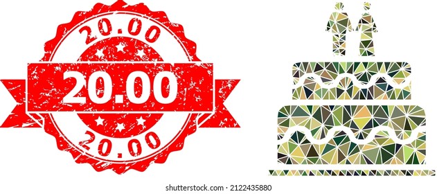 Low-Poly triangulated marriage cake military camouflage symbol illustration, and 20.00 textured stamp seal. Red stamp seal has 20.00 tag inside ribbon.