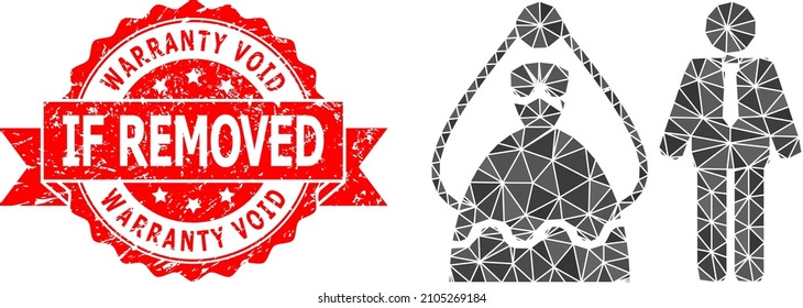 Low-Poly triangulated marriage persons icon illustration, and Warranty Void If Removed scratched seal imitation. Red stamp seal includes Warranty Void If Removed title inside ribbon.