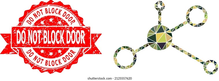 Lowpoly triangulated masternode military camouflage icon illustration, and Do Not Block Door grunge stamp seal. Red stamp contains Do Not Block Door text inside ribbon.