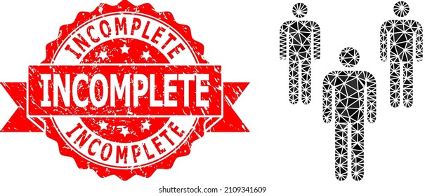 Low-Poly triangulated men icon illustration, and Incomplete textured seal. Red stamp has Incomplete title inside ribbon. Vector men icon is filled with triangles.