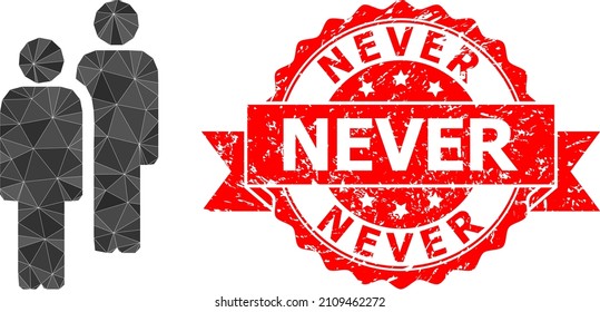 Low-Poly triangulated men icon illustration, and Never corroded stamp seal. Red stamp includes Never tag inside ribbon. Vector men icon filled with triangles.
